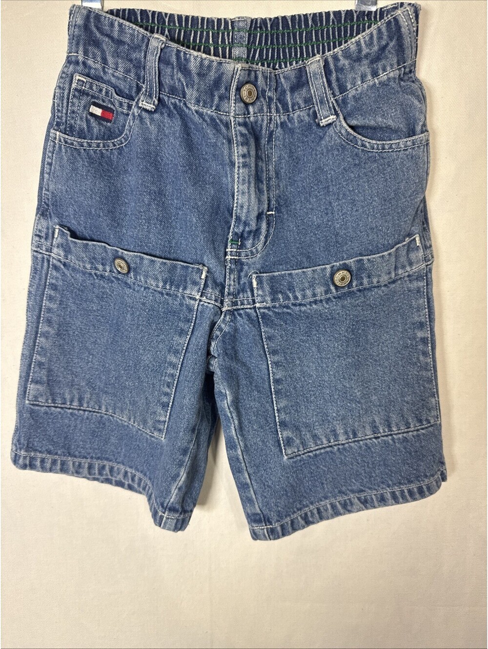 Vintage Tommy Hilfiger Kids Boys Denim Cargo Shorts Elastic Waist Size 6